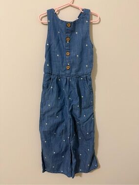 Boden Blue Chambray Button-Front Girls Jumpsuit with embroidered daisies